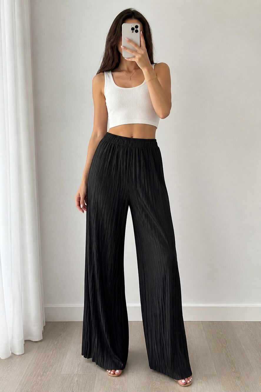 Lock & Love Black Wide Leg Pleated Pants L-XL